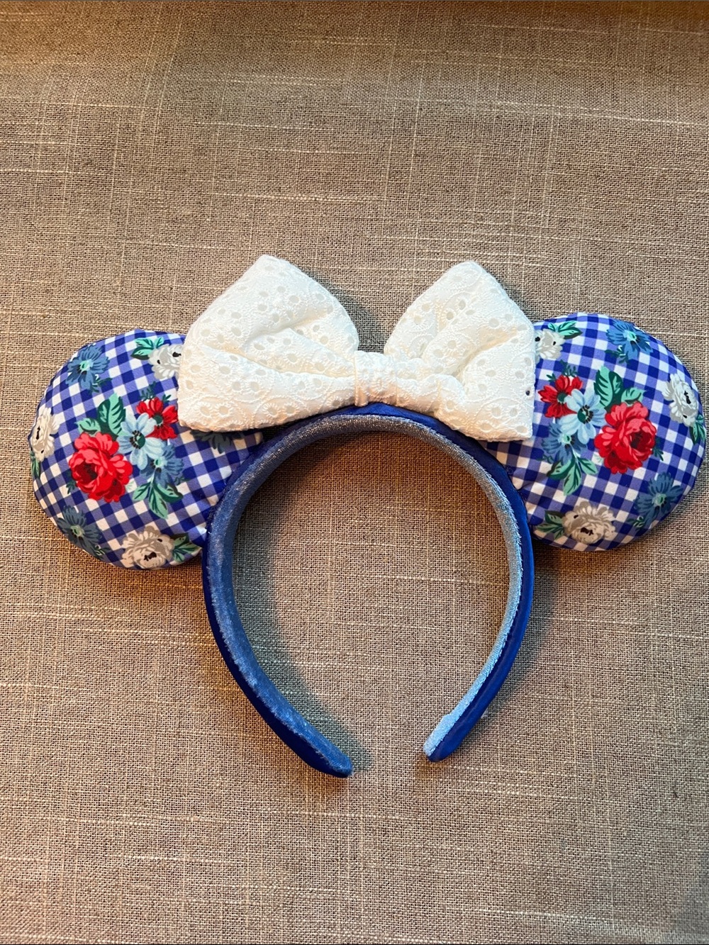Disney Floral Gingham Minnie Ears Headband with Cream Lace Bow